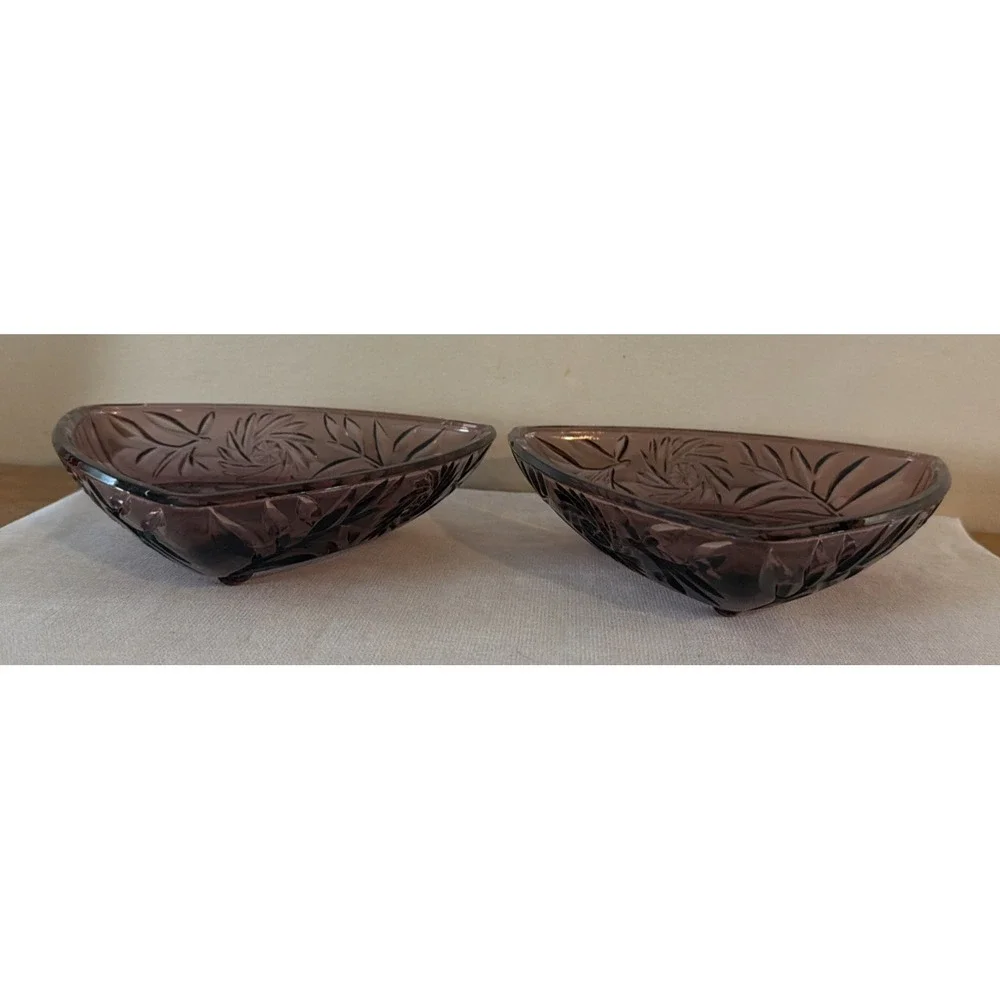 Set of 2 Vintage Hazel Atlas Amethyst Glass Trinket Jewelry Dish w/3-Footed Base